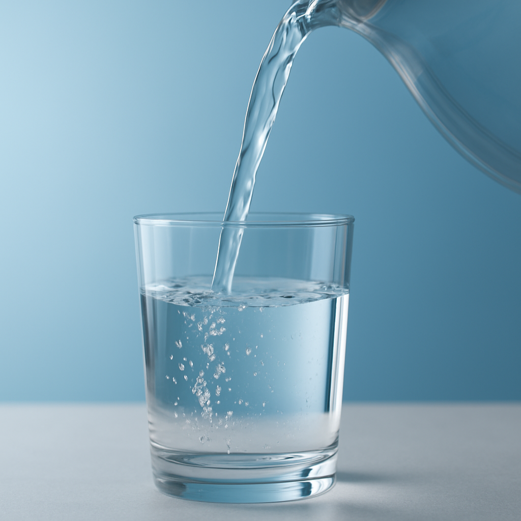 clean purified drinking water pouring into glass 